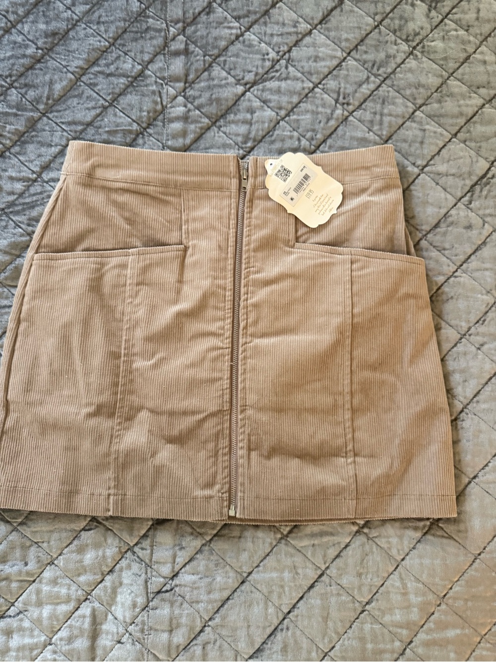 NWT Corduroy Front-Zip Mini Skirt in Taupe